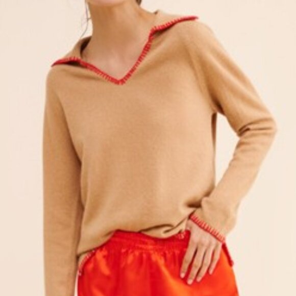 Nouveaux Whipstitch Cashmere Sweater Polo Collar V-Neck Boxy Pullover Tan L - Picture 1 of 10